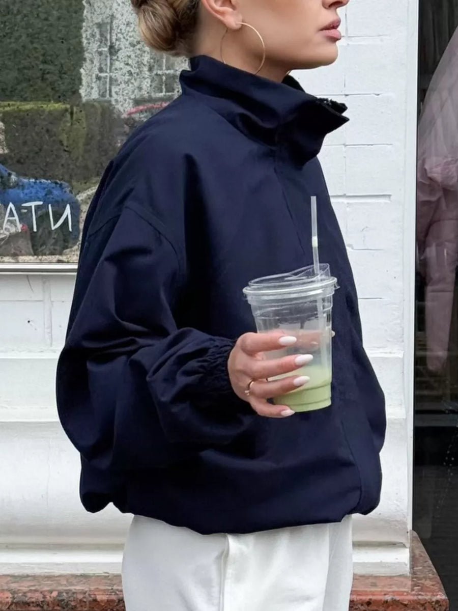 Navy windbreaker with hip-length and zip-front