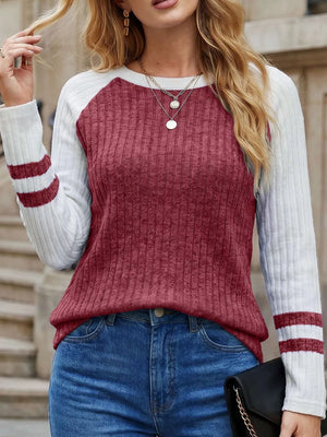 Ribbed Raglan Sleeve T-shirt in Burgundy, view 22