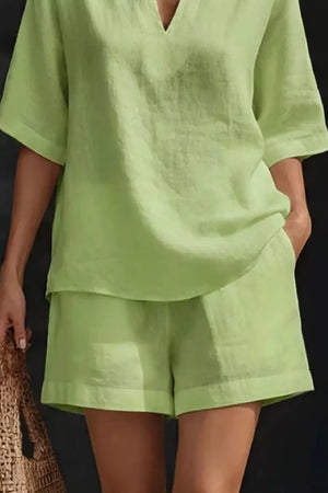 Light Green notched top with short sleeves and pocketed shorts, a comfortable loungewear set.