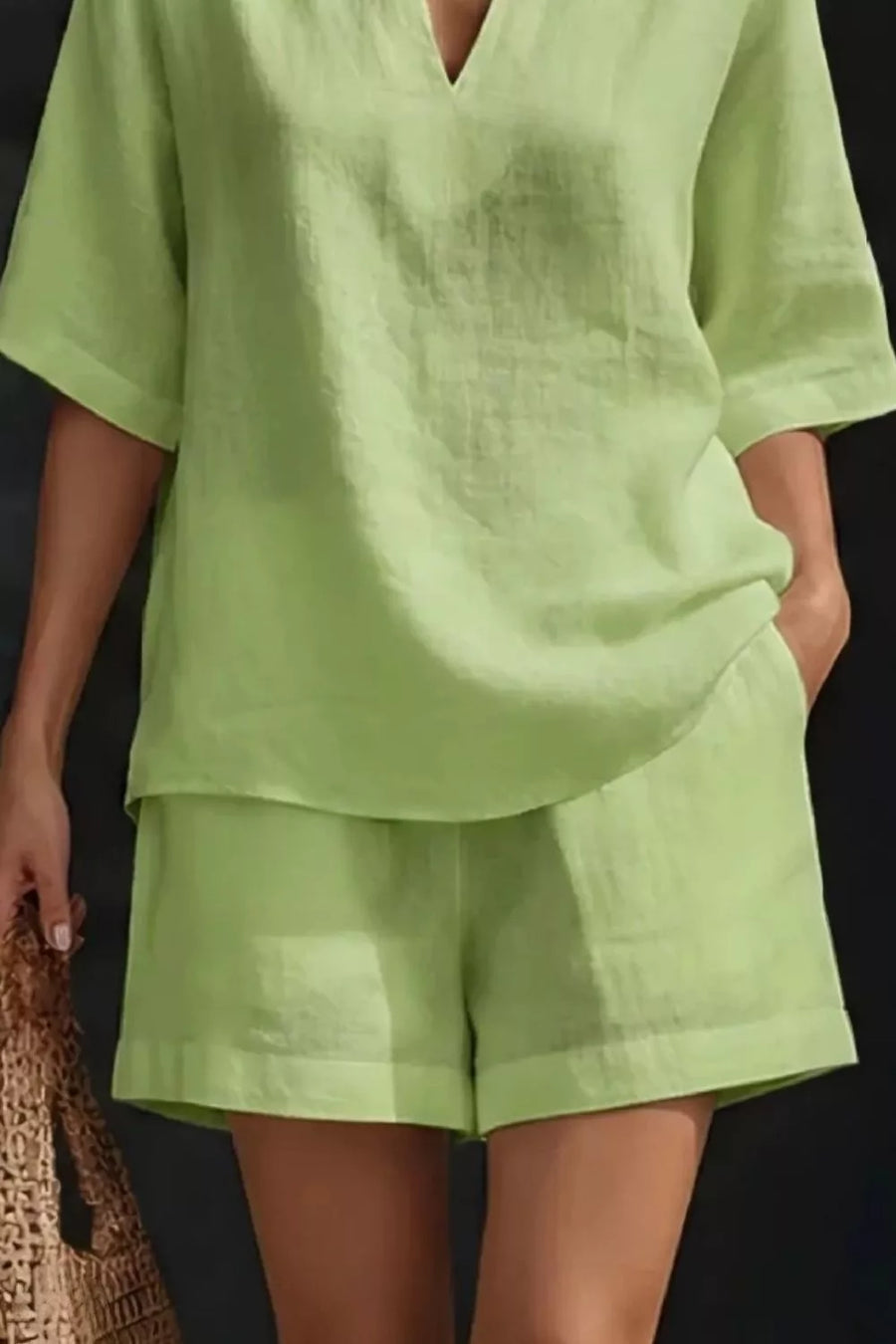 Light Green notched top with short sleeves and pocketed shorts, a comfortable loungewear set.