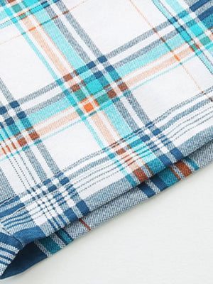 Boys' cotton underwear set with a blue, white, and orange plaid pattern.