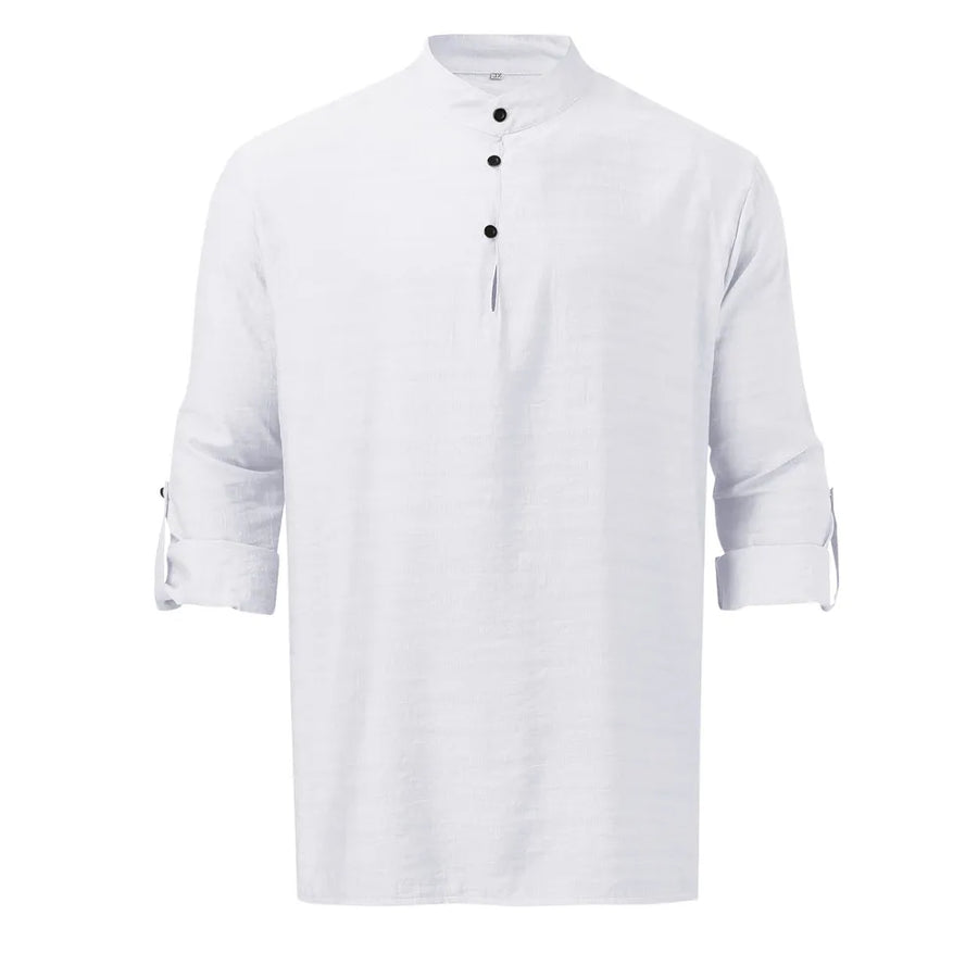 White half-button shirt with mandarin collar and rolled sleeves.