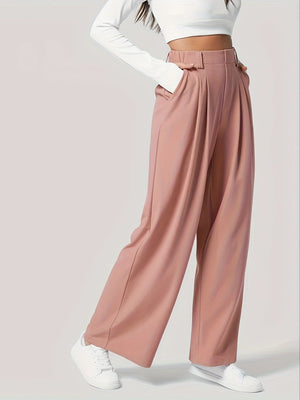 Pleated wide-leg trousers in pale blush with a high waist and belt loops.