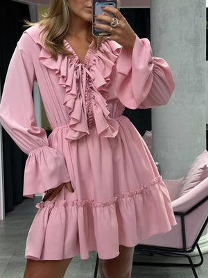 Pink A-line mini dress with v-neck