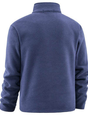 Plus-size dark blue quarter zip fleece sweatshirt with long sleeves and a stand-up collar.