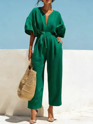 Tie Waist Wide Leg Jumpsuit in Sky Blue