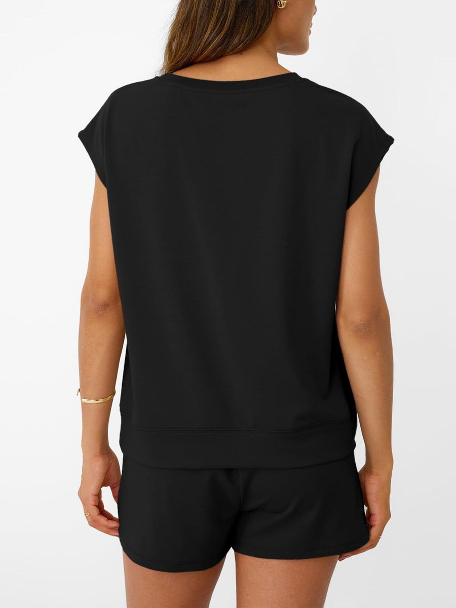 Black round neck cap sleeve loungewear top and shorts set
