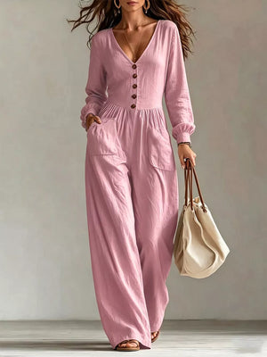 bohemian jumpsuit in Tan with v-neck