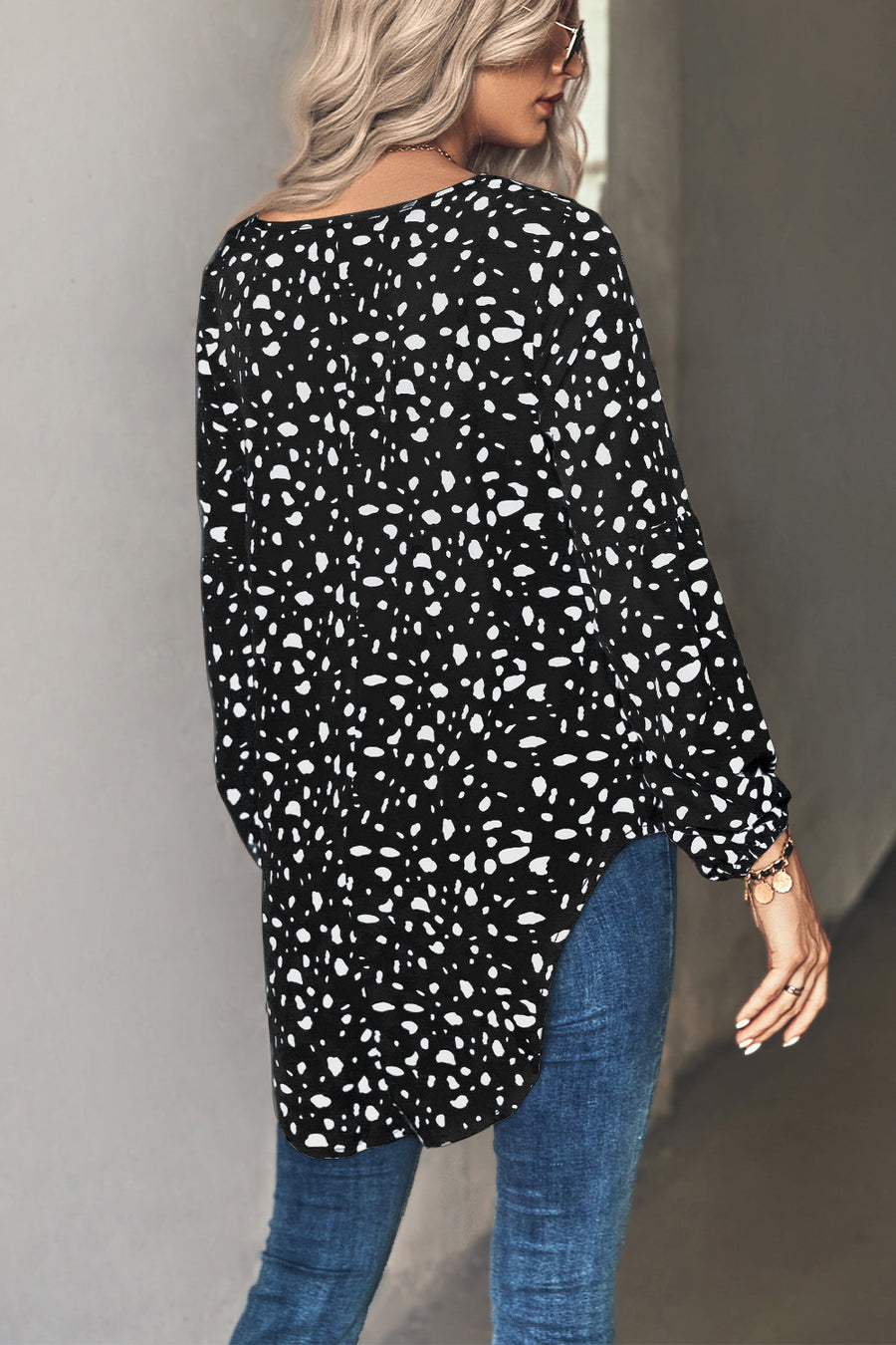 Black long sleeve blouse with white abstract print