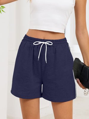 Navy heathered jogger shorts with white drawstring and sporty side trim.