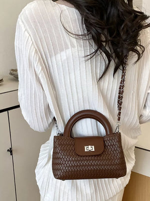 crossbody bag featuring woven in chocolate brown with PU Leather Imported Size & texture