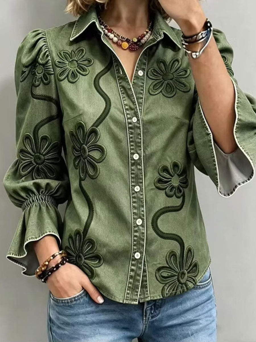 button-up shirt in brown with floral and button-front