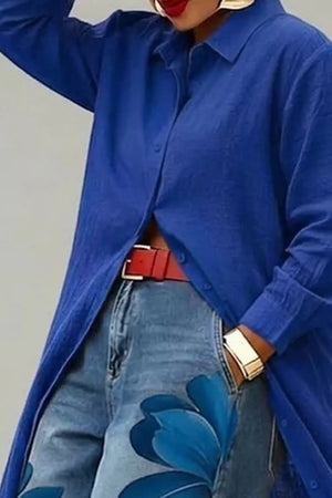 Royal Blue with Button Up Long Sleeve Longline Shirt
