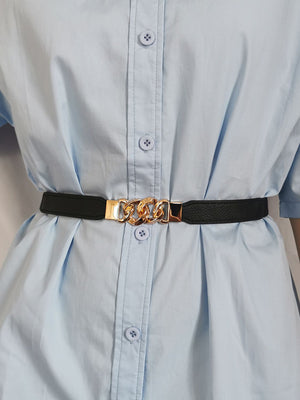 Black faux leather belt with gold chain detail and buckle