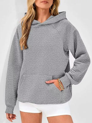medium gray pullover hoodie with ribbed and hooded