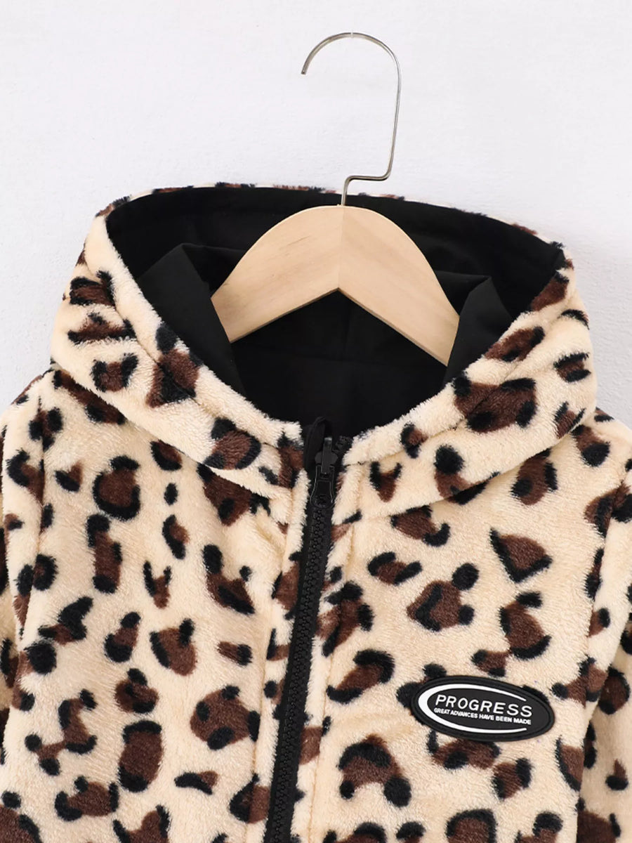 Kids leopard print hooded jacket with black lining and "Progress" patch.