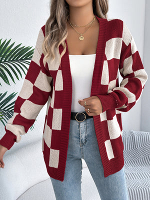black cardigan with open-front and checked