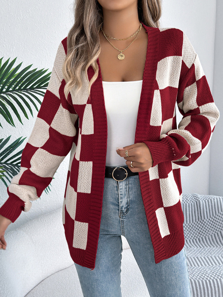 black cardigan with open-front and checked