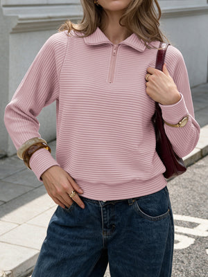 blush pink sweatshirt with ribbed and collared