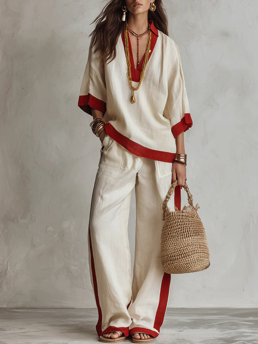 pants set in ivory featuring pocketed and relaxed fit