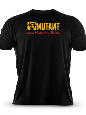 Black t-shirt with yellow biohazard symbol and MUTANT text, red Leave Humanity Behind slogan.