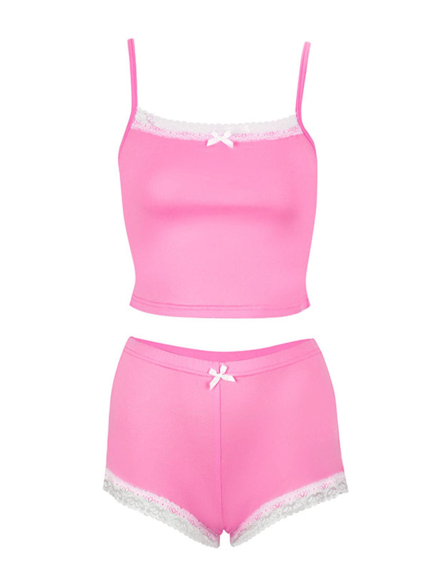 Pink cami and shorts set with lace trim and bow detail