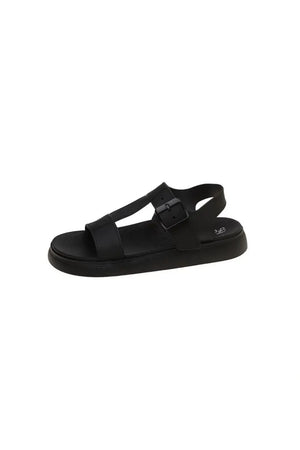 Black t-strap buckle platform sandals with adjustable strap