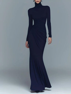 maxi dress in navy blue featuring ruched and fitted fit