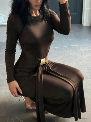 100% polyester Care instructions: Machine wash cold maxi dress in Brown with fitted silhouette