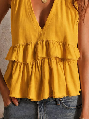 Gold ruffled V-neck tank top with layered tiers and raw hem.