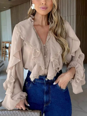 romantic blouse in Khaki with v-neck