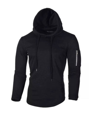 Black slim fit long-sleeve hoodie with drawstring and zippered sleeve pocket.