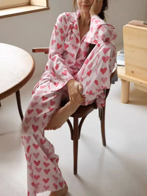 light pink pajama set with heart-print and collared