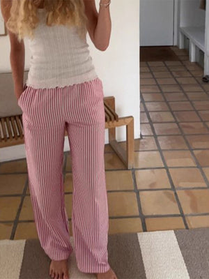 wide-leg pants in Pink with striped and drawstring waist