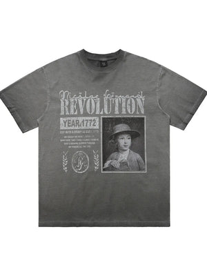 Gray cotton oversized t-shirt with "Revolution Year 1772" graphic and portrait.