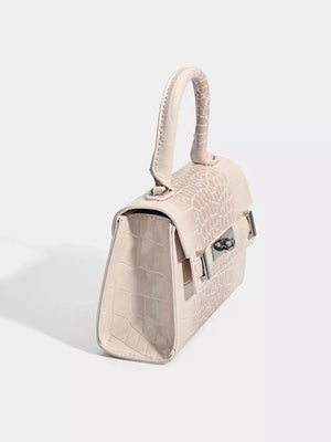 Off-white croc-embossed small tote bag with silver hardware and top handle.