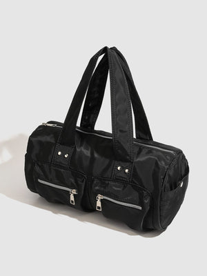 Minimalist Nylon Barrel Shoulder Bag in Black