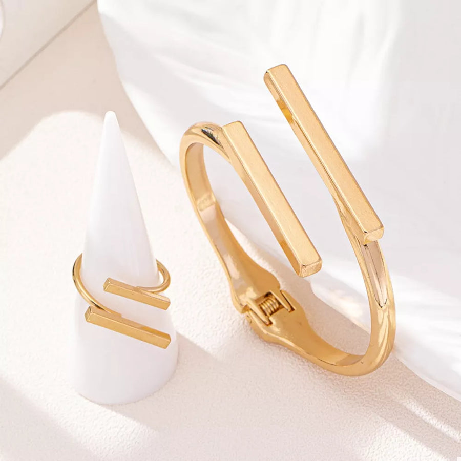 Adjustable 18k Gold-plated Bar Bracelet And Ring Set in Golden with adjustable