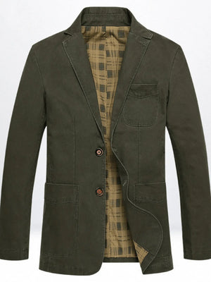 Men's army green cotton casual button-up blazer with plaid lining and flap pockets.