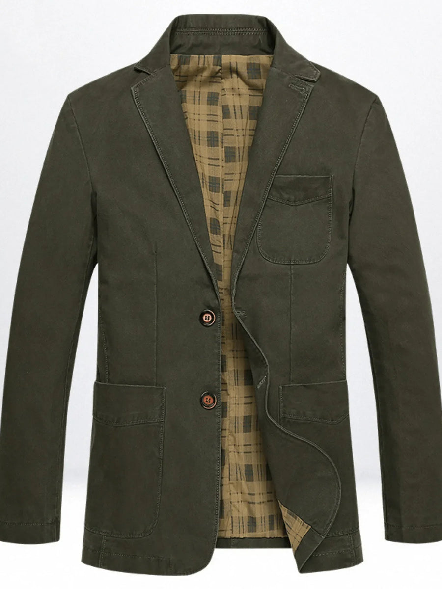 Men's army green cotton casual button-up blazer with plaid lining and flap pockets.
