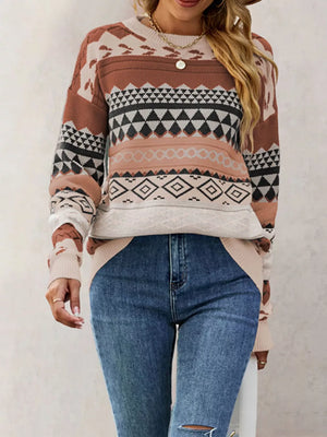 rust pullover sweater with geometric and crew neck