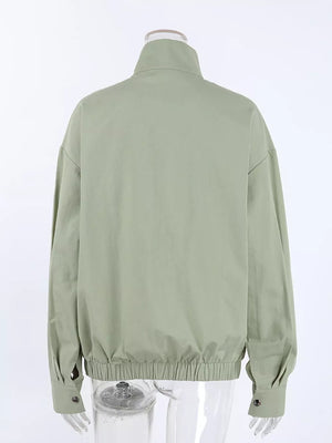 bomber jacket in navy blue with collared and long sleeve