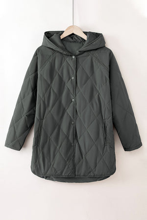 Diamond quilted hooded snap jacket in light gray with snap front and pockets.