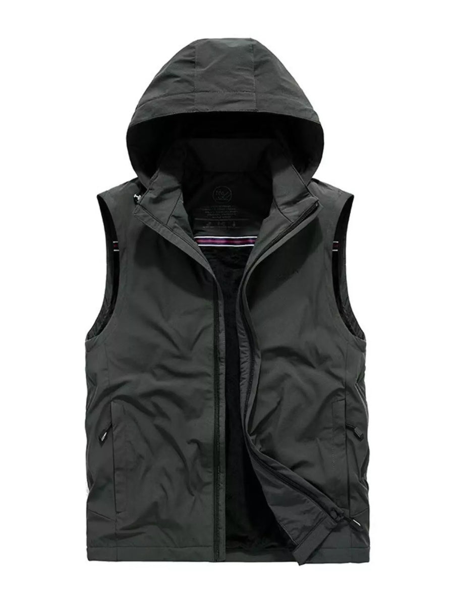 Men's dark grey hooded zip vest with pockets and a full zip closure.
