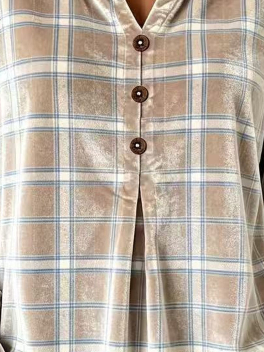Plaid Velvet Flounce Sleeve Blouse Plus Size in Lilac with ruffled
