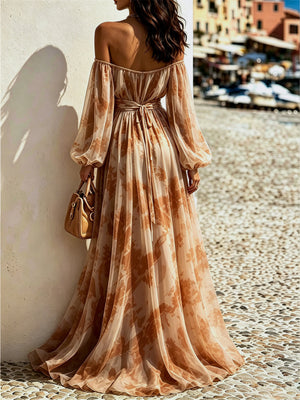 Off-Shoulder Balloon Sleeves Maxi Dress in Brown