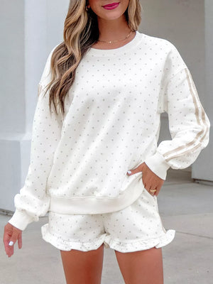 light gray lounge set featuring pocketed and polka dot