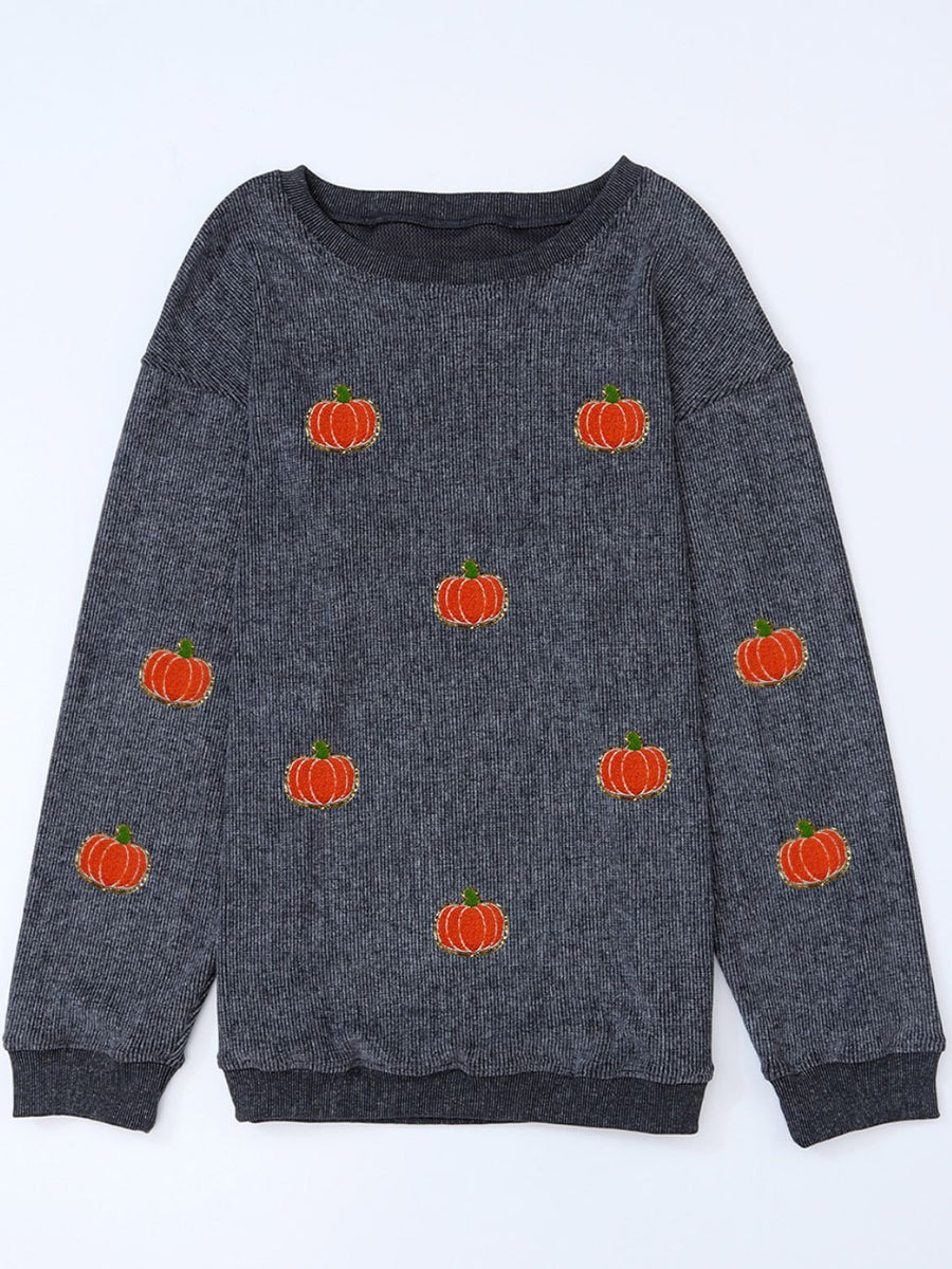 Dark Gray corduroy sweatshirt with embroidered pumpkins, crew neck, long sleeves.