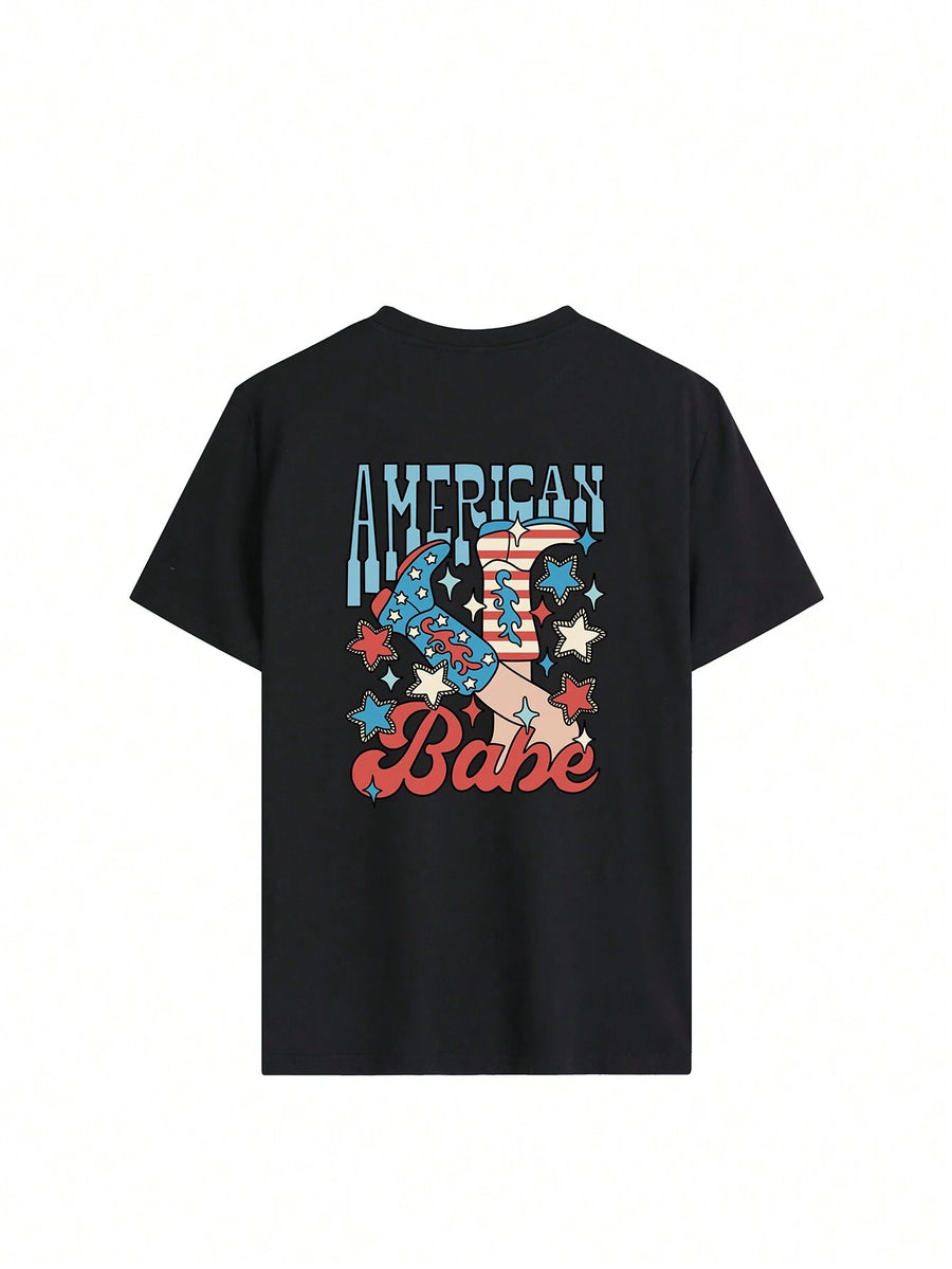 Black t-shirt with American Babe graphic featuring cowboy boots and stars.