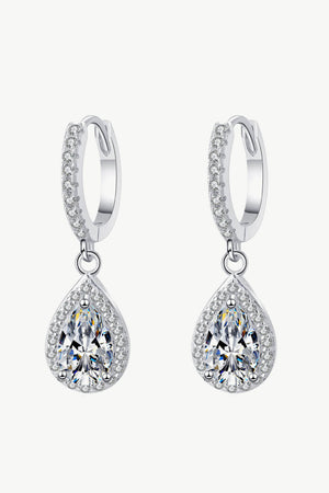 Silver pavé halo teardrop hoop earrings with clear cubic zirconia stones.